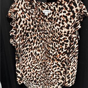 Calvin Klein Leopard Print Ruffle Sleeve Blouse –‎ Size L
